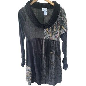 Emma G Mix Print Knit Cow Neck Longline Long Sleeves Ruched Wrist Sweater Dress